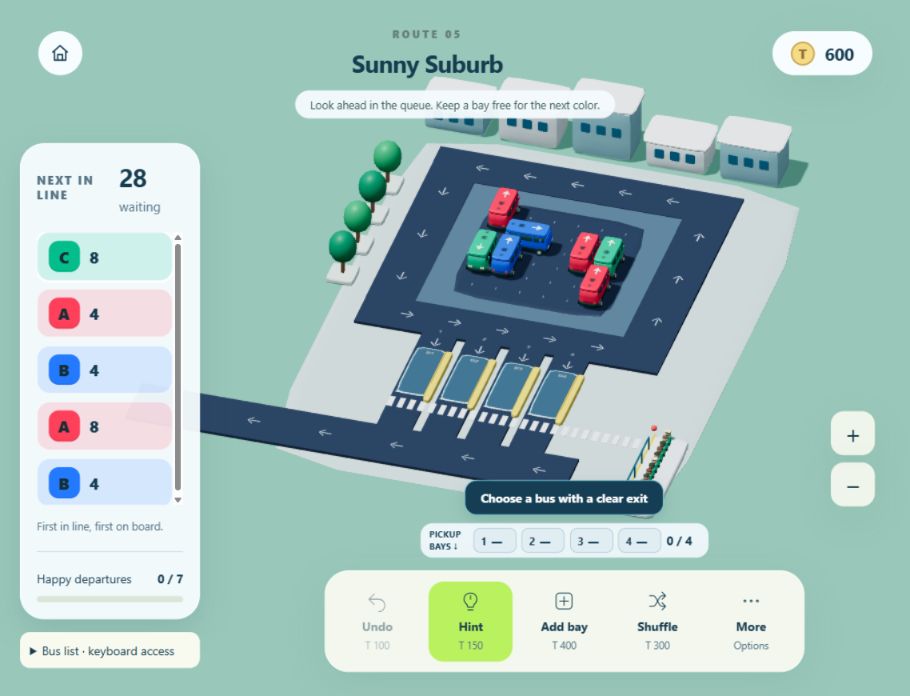 Bus Parking Out gameplay showing colorful buses, numbered pickup bays and the passenger queue.